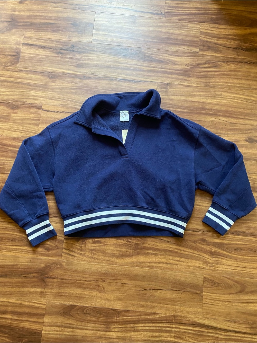 Offline by Aerie Navy Blue Cropped Pullover Sweatshirt with White Stripes